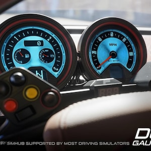 May include: A car dashboard with two round gauges with blue backlighting and red accents. The gauge on the left displays fuel and battery levels. The gauge on the right shows the speed in MPH. A control panel with colored buttons is below the gauges. The text "DUO TECH GAUGE 2 X 3.4 in" is visible.