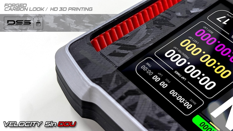 May include: A Velocity 5in DDU racing dashboard display featuring a forged carbon look and HD 3D printing. The device has a black screen with digital readouts for lap times, race position, and best lap, accented by a bright red ribbed vent section.