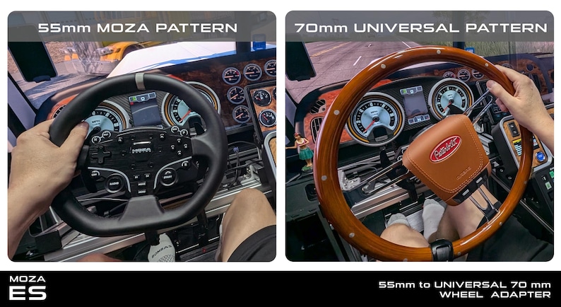 May include: Two steering wheels are shown, one black and one wood-grain, with the text "55mm MOZA PATTERN" and "70mm UNIVERSAL PATTERN". The image also shows a brown leather accessory with the text "55mm to UNIVERSAL 70 mm WHEEL ADAPTER".