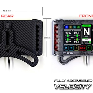 May include: A digital dashboard display unit with a carbon fiber rear housing and a front screen showing telemetry data. The device measures 162 mm in width and 88 mm in height. Text on the screen includes 'DSS', 'FULLY ASSEMBLED PLUG AND PLAY', and 'VELOCITY 5in DDU'.