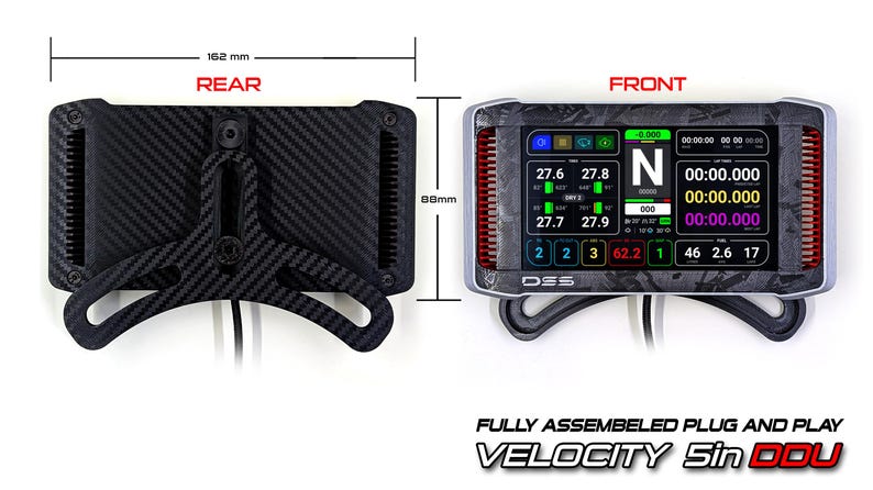 May include: A digital dashboard display unit with a carbon fiber rear housing and a front screen showing telemetry data. The device measures 162 mm in width and 88 mm in height. Text on the screen includes 'DSS', 'FULLY ASSEMBLED PLUG AND PLAY', and 'VELOCITY 5in DDU'.