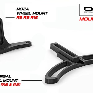 May include: Two black 3D-printed sim racing wheel mounts. One vertical mount labeled MOZA WHEEL MOUNT R5 R9 R12 and one horizontal mount labeled UNIVERSAL WHEEL MOUNT + MOZA R16 & R21. The top right corner features a DSS SIM RACING INNOVATIONS logo.