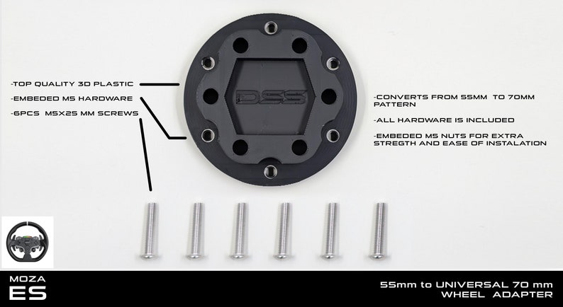 May include: A black wheel adapter with the text "DSS" in the center, designed to convert from 55mm to 70mm patterns. Includes six MSX25 mm screws and embedded MS hardware. The adapter is made of top-quality 3D plastic.