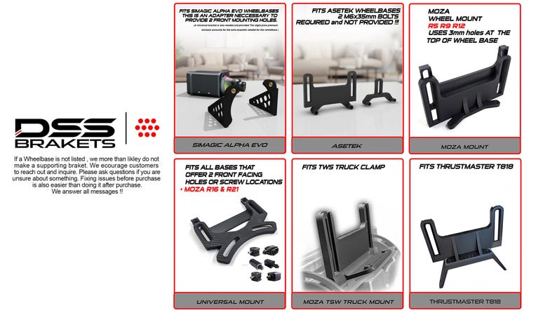 May include: A collection of black mounting brackets for racing wheelbases, including models for Smagic Alpha Evo, Asetek, Moza R5 R9 R12, Moza TSW Truck, and Thrustmaster T818. Each bracket features specific slots and holes for hardware attachment.