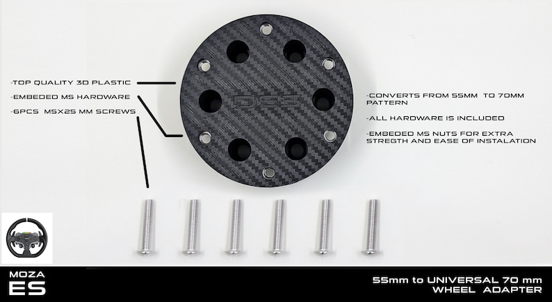May include: A black carbon fiber wheel adapter with six silver screws. The adapter converts from 55mm to 70mm and includes embedded MS hardware and nuts. The text on the image says "MOZA ES" and "55mm to UNIVERSAL 70 mm WHEEL ADAPTER."