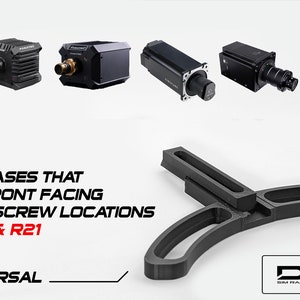 May include: A black, Y-shaped mounting bracket for sim racing wheel bases. The text reads: FITS ALL BASES THAT OFFER 2 FRONT FACING HOLES OR SCREW LOCATIONS + MOZA R16 & R21. UNIVERSAL. DSS SIM RACING INNOVATIONS. Six various wheel bases are shown above.