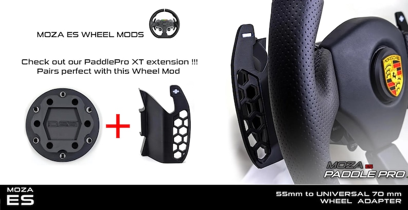 May include: Black wheel mod components, including a round black plate with the text "BBS" and a paddle extension, are shown next to a racing wheel. The text "MOZA ES WHEEL MODS" is at the top.