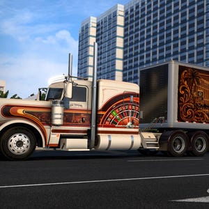 May include: A white semi-truck with a trailer featuring a casino-themed design. The truck has brown and orange accents, and the trailer displays a detailed illustration with the words "Casino Royale". The background includes buildings and a blue sky.