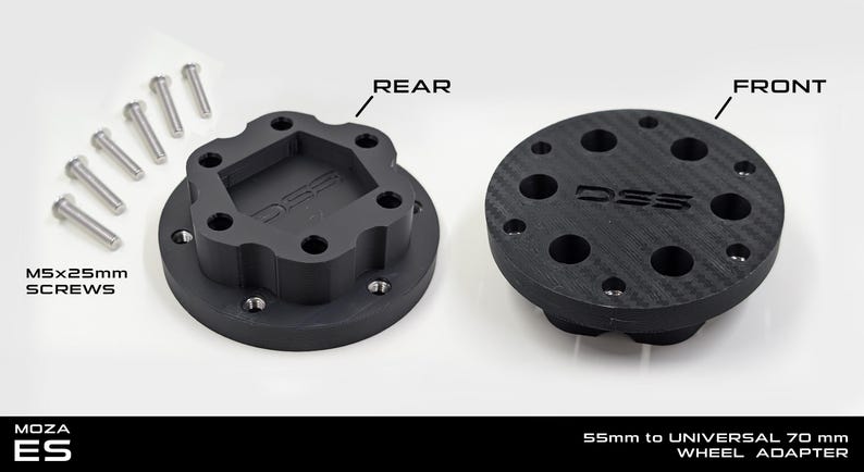 May include: Two black wheel adapters with the text "DSS" and "MOZA ES". The rear adapter has a unique shape, while the front adapter is round. Six M5x25mm screws are included. The text "55mm to UNIVERSAL 70 mm WHEEL ADAPTER" is also present.