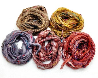 Hand Spun Art Yarn Bundle (50g) - Discount Weaving and Knitting Pack - Indie Dyed Merino, Recycled Fibers