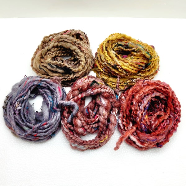 Hand Spun Art Yarn Bundle (50g) - Discount Weaving and Knitting Pack - Indie Dyed Merino, Recycled Fibers