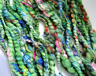 Sour Apple Green Hand Spun Art Yarn: Thick and Thin, Coils, Slubs