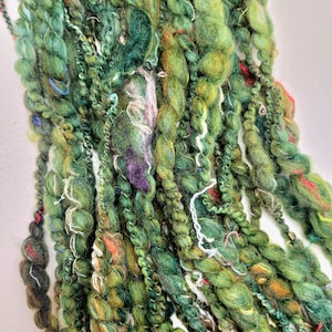 Green Hand Spun Art Yarn: Thick and Thin, Coils, Slubs