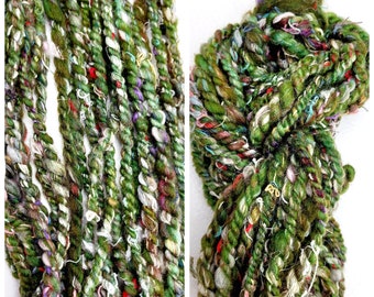 Green Chunky 2-Ply Yarn/ Hand Spun Art Yarn/ Recycled Fibers/Available by the Meter (1.1 yd)