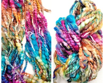 Summer Berries  Art yarn/ Blue, Yellow, Pink Blend/ Thick & Thin Yarn/ Hand Spun Yarns/ Slubs/ Coils