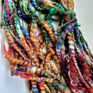 Leaves (Green, Gold, Rust) Hand Spun Art Yarn: Thick and Thin, Coils, Slubs