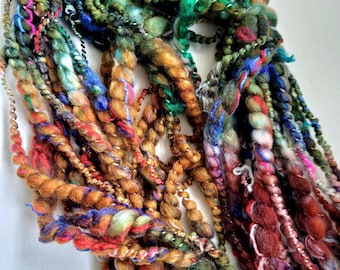 Leaves (Green, Gold, Rust) Hand Spun Art Yarn: Thick and Thin, Coils, Slubs