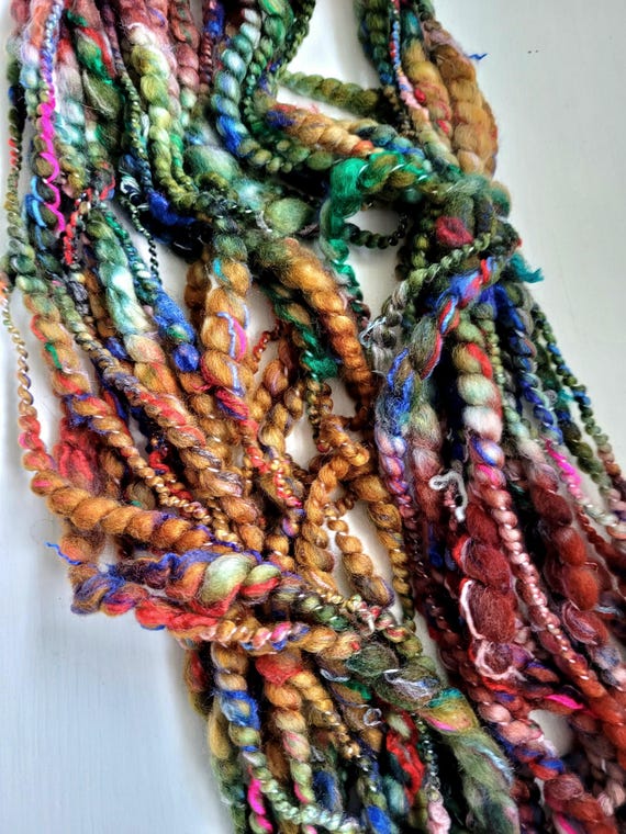 Leaves (Green, Gold, Rust) Hand Spun Art Yarn: Thick and Thin, Coils, Slubs