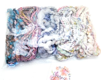 Hand Spun Art Yarn Bundle (50g) - Weaving and Knitting Pack - Indie Dyed Merino, Recycled Fibers