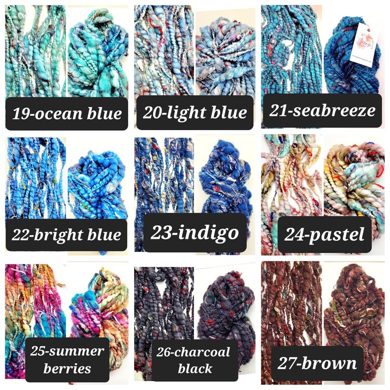 Op de afbeelding: Een collage van negen afbeeldingen die verschillende kleuren garen tonen. Elke afbeelding toont een bol garen in een andere kleur, waaronder oceaanblauw, lichtblauw, zeebries, helderblauw, indigo, pastel, zomerbessen, antraciet en bruin.