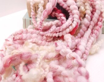 Coil Art Yarn - Chunky Hand Spun Yarn - Weaving and Knitting Yarn - Indie Dyed Merino & Recycled Fibers * Strawberry Shortcake