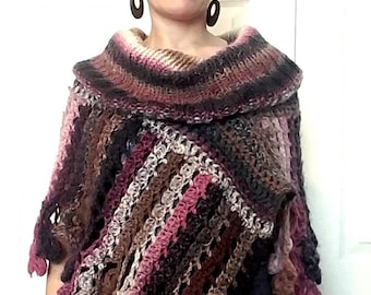 Boho Poncho PDF Pattern: Crochet Knit One Size (English, French)