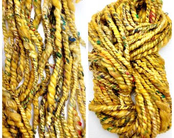 Honey Mustard Yellow Chunky 2-Ply Yarn/ Hand Spun Art Yarn/ Recycled Fibers/Available by the Meter (1.1 yd)