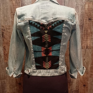 New Slow Stitch Handmade Hand Sewn Upcycled Pendleton Turquoise Blue Black Southwest Native American Tribal Women's Jean Jacket 33" Bust