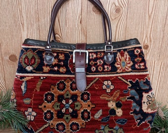 Hand Sewn Carpet Rug Bag Mary Poppins Tote Made Utilizing Repurposed & Vintage Materials ***Perfect Travel Carry On***