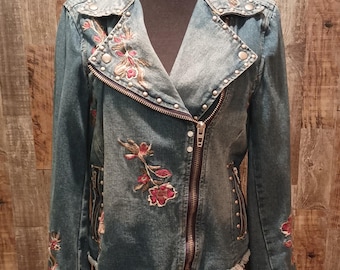 New Slow Stitch Handmade Hand Sewn Upcycled Repurposed Floral Fitted Motorcycle Zip Blue Jean Trucker Jacket 37" Bust
