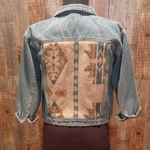 New Slow Stitch Handmade Hand Sewn Upcycled Pendleton Native American Wheat Blue & Caramel Bone Beads Women's Blue Jean Jacket 34" Bust