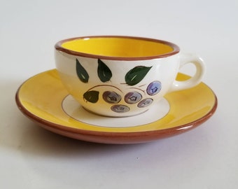 Stangl Pottery Cup and Saucer Set Blueberry Pattern Yellow White