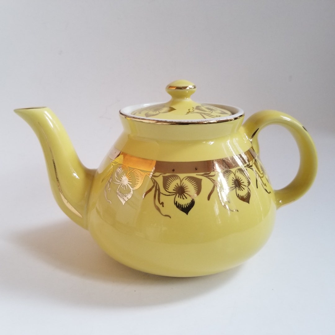 Vintage Hall Teapot Yellow With Gold Flower Decoration Shabby Etsy