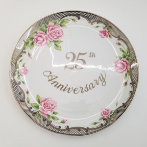 Vintage 25th Anniversary Plate Pink Roses with Silver Trim Lefton 1993