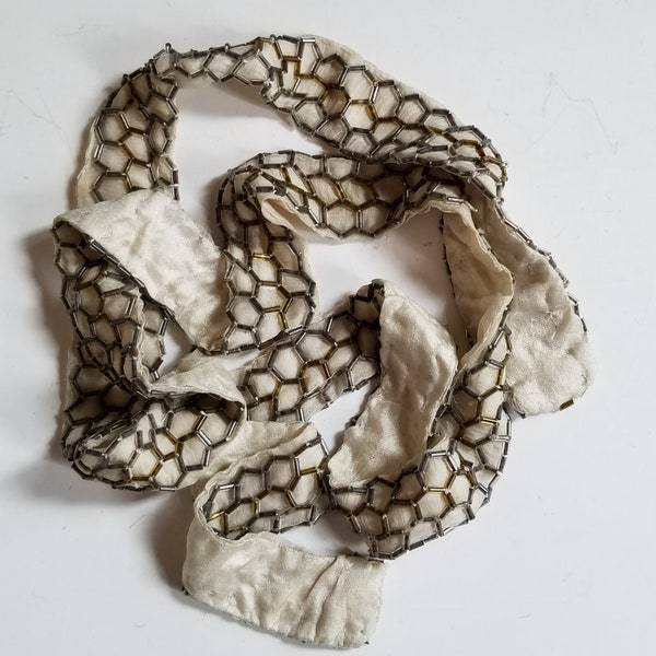 Vintage White Silk and Bugle Bead Sash