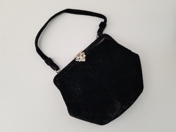 Vintage Black Velvet Evening Bag Rhinestone Closu… - image 1