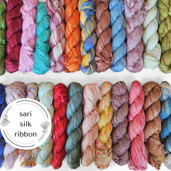 sari silk ribbons, 40m recycled raw edge fibre, weaving macrame bookbinding gift wrapping