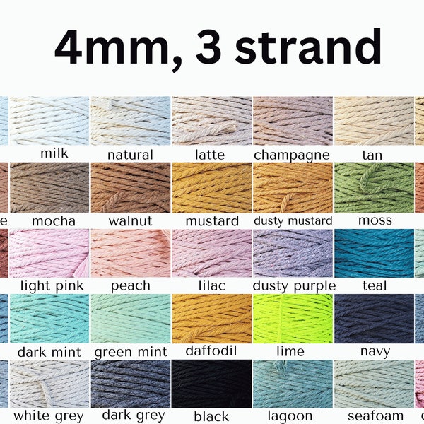 4mm macrame rope, 3 ply coloured cotton cord, three strand twisted string, weaving supplies, craft supply, diy wall hanging