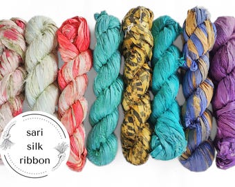 sari silk ribbons, 40m recycled raw edge fibre, weaving macrame bookbinding gift wrapping