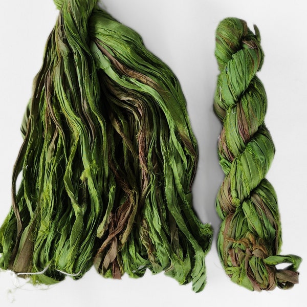 jungle sari silk ribbon, recycled fibre remnants, book binding, yarn trim, green