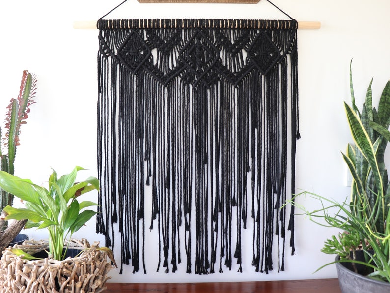 large macrame wall hanging black boho decor bohemian fibre art image 0