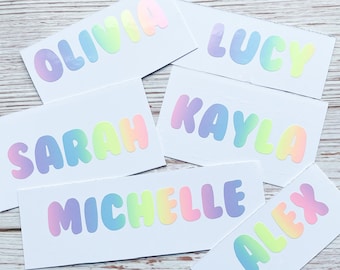 Calcomanía de nombre de vinilo personalizada, pegatina para botella de niño, fiambrera, etiqueta escolar, pegatinas personalizadas con purpurina de arcoíris, cajas de juguetes, etiquetado A5