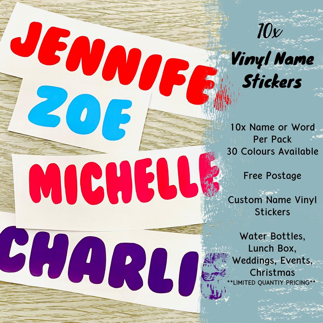 10x Personalised Vinyl Name Stickers ~ Any 10 Names 30 Colours for ...
