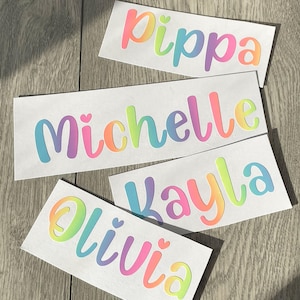 Calcomanía de vinilo personalizada con nombre para niños, lonchera, botella, etiqueta escolar, pegatinas personalizadas con colores pastel arcoíris, etiquetas para cajas de juguetes C1