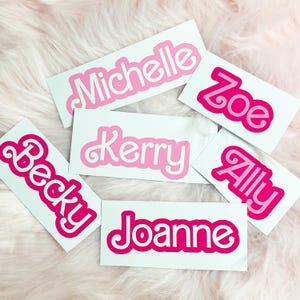 Personalised Name Barbie Style Name Vinyl Sticker Water Bottle Lunch Box Organising Label Pink/White/Hot Pink