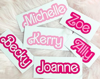 Personalised Name Barbie Style Name Vinyl Sticker Water Bottle Lunch Box Organising Label Pink/White/Hot Pink