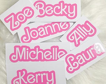 Personalised Name Barbie Style Name Vinyl Sticker Water Bottle Lunch Box Organising Label  Decal Pink/White