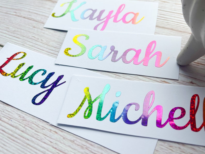 Personalised Vinyl Name Decal Sticker Kid Bottle Lunchbox School Label Rainbow Glitter Personalised Stickers Toys Boxes Labelling A3 image 3