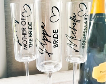 Glass Vinyl Decals ~ Wedding Flute Decals ~ Name & Role Set ~ Champagne Flute Sticker Vinyl's 60+ Colours Rose Gold Font:3