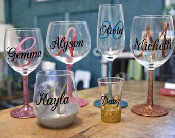Personalised Name Glitter Wine Gin Glass Birthday Gifts 18th 21st 30th 40th 50th 60th  Wedding Hens Events ~30 Colours &  Rose Gold